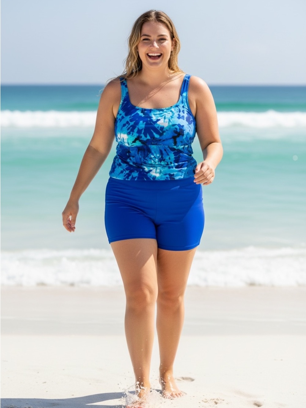 Kim Gravel for Swimsuits for All Blue Tie-Dye Tankini Top with Blue Swim Shorts